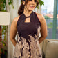 Black Heritage-inspired Kalamkari halter dress with elegant maroon contrast detailing.
