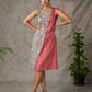 Grey and Rust Kalamkari inspired floral vine printed overlap dress with red accents