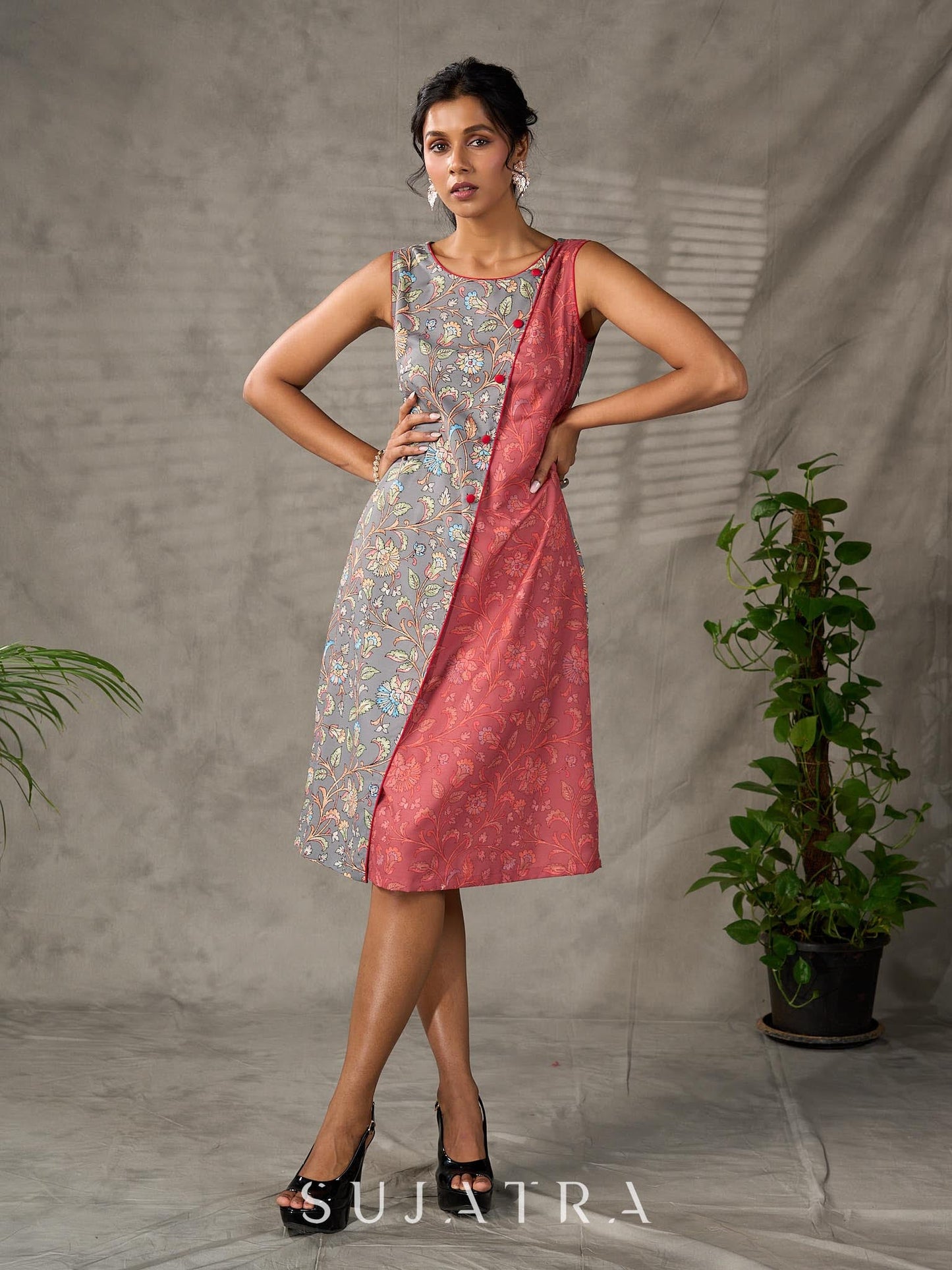 Grey and Rust Kalamkari inspired floral vine printed overlap dress with red accents