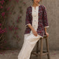 Deep red Jaipur floral printed top featuring maroon pintuck yoke, off-white panel, and scalloped lace detailing.