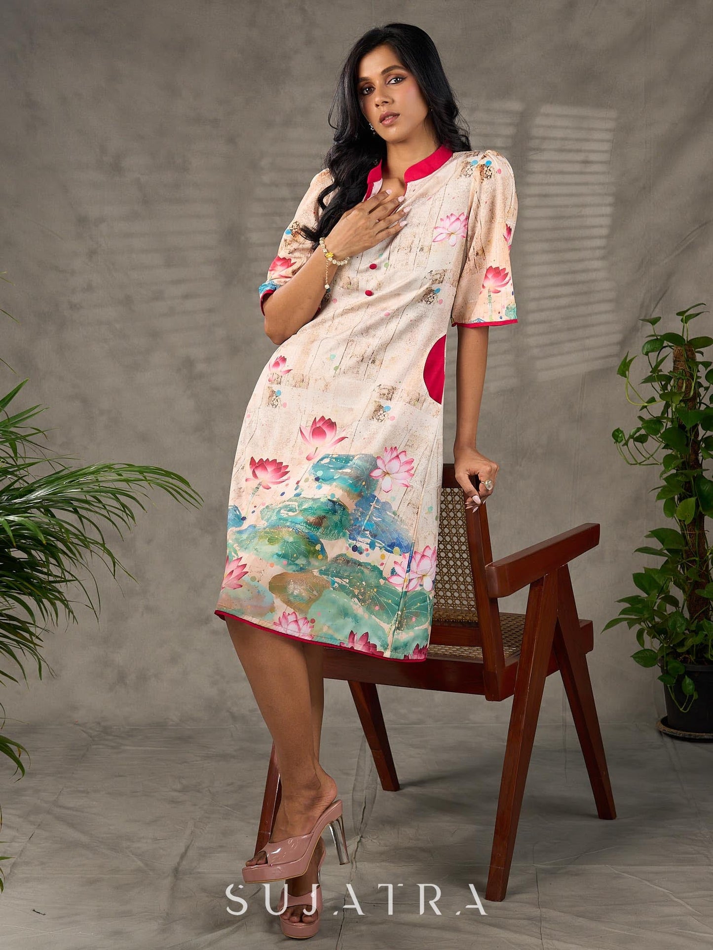 Pichwai-inspired off white lotus print dress with pink accents.