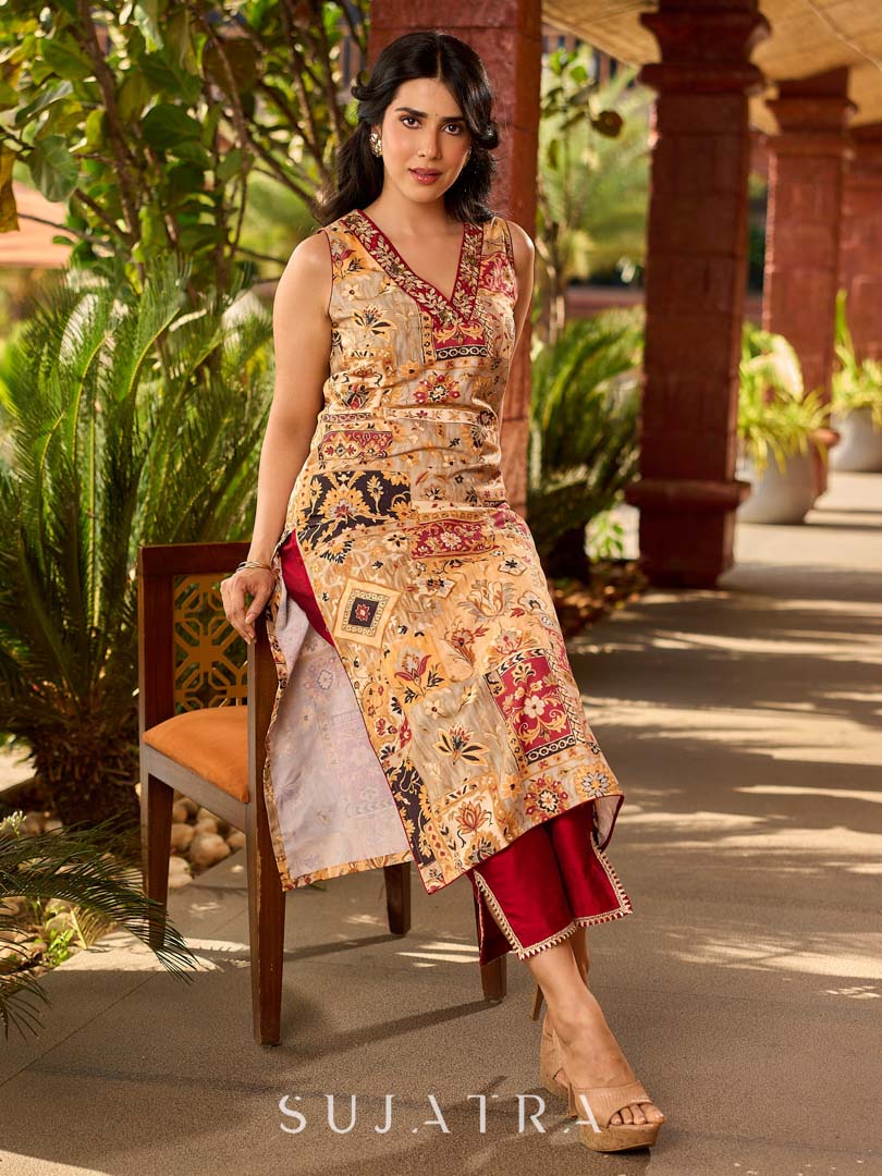 Graceful cream all-over printed kurta adorned with an overlapping maroon zardozi-embroidered neckline and bold maroon detailing.