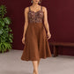 Rust Brown Cotton One Piece Dress with Maroon Floral Print Bodice & Button Front Detail — view 5
