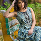 Artisan Indigo Floral Kurta with Black Mirror Work and Pleated Yoke Silhouette