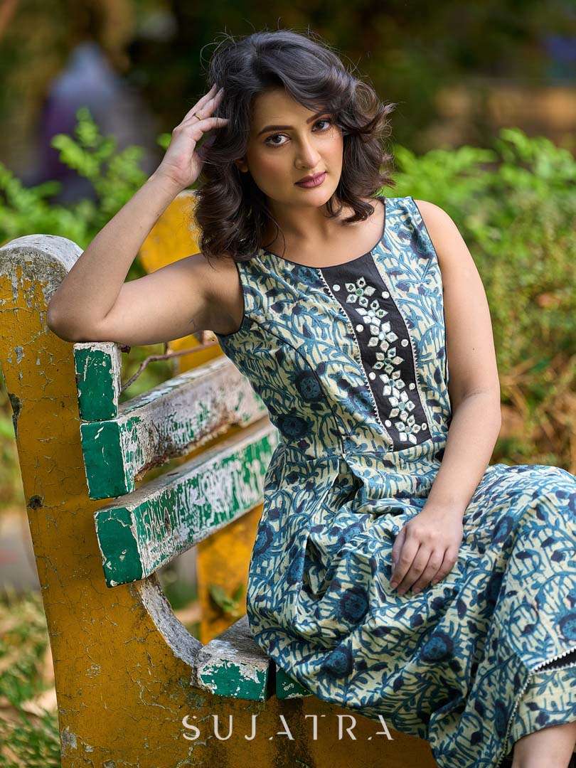 Artisan Indigo Floral Kurta with Black Mirror Work and Pleated Yoke Silhouette