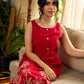 Vibrant red sleeveless dress with a bold off-white floral hand block print at the hem and clean off-white edging for a striking, handcrafted-inspired finish.