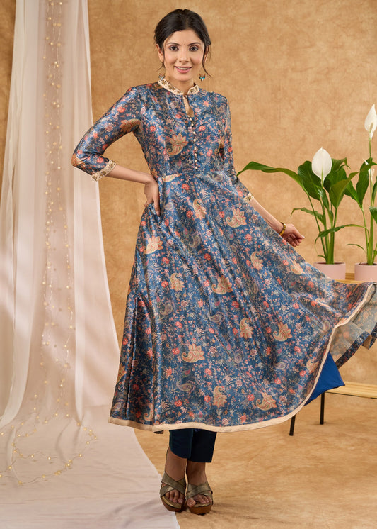 Beautiful hand embroidered flared Chanderi kurta with embellished collar Pant optional