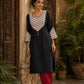 Black Cotton Kurta with Ajrakh Printed Yoke & Matching Cuffs with Minimal Embellishment