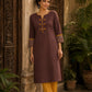 Earthy Brown Cotton Kurta with Statement Kalamkari Block Print Cuffs & Mustard Piping