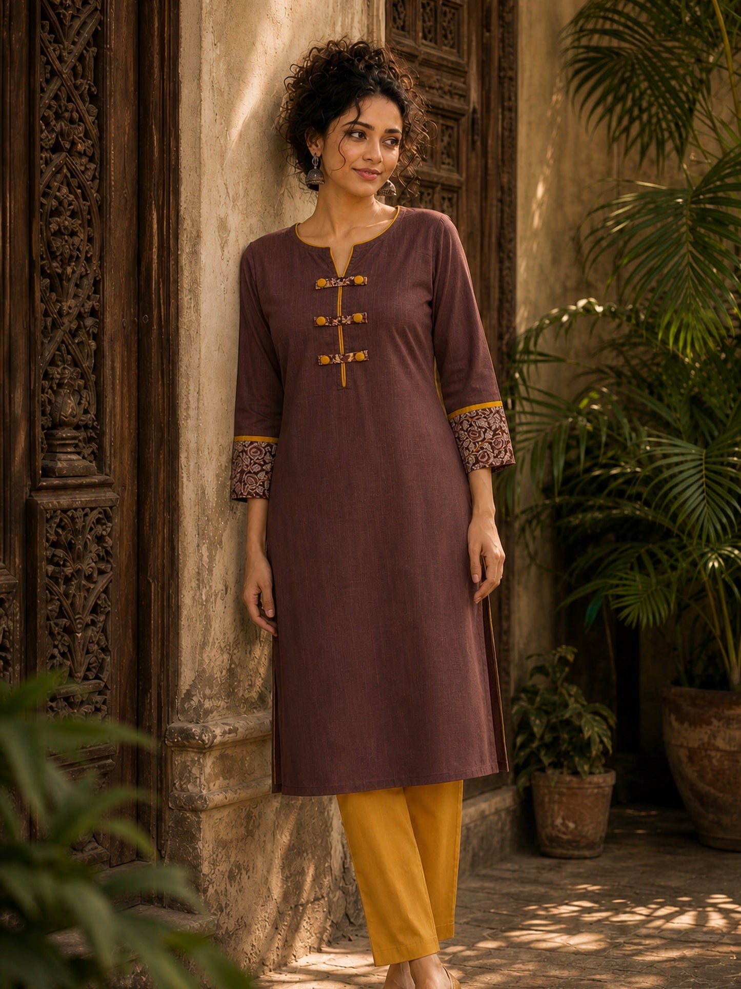 Earthy Brown Cotton Kurta with Statement Kalamkari Block Print Cuffs & Mustard Piping