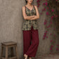 Rustic olive and maroon vegetable-dyed printed top with crossover styling and rich maroon accent detailing.