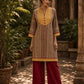 Mustard Geometric Print Short Kurta with Pin-Tucked Yoke & Contrast Maroon Button Detail