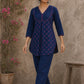 Vibrant navy blue and pink hand block print top features bell sleeves, floral detailing, and rich navy hues for effortless everyday charm.