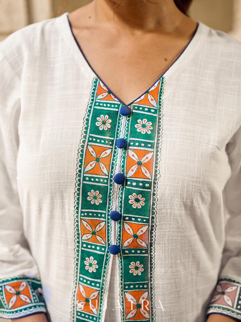 Timeless White Cotton Kurta with Hand Painted Madhubani Motifs on Front & Sleeves