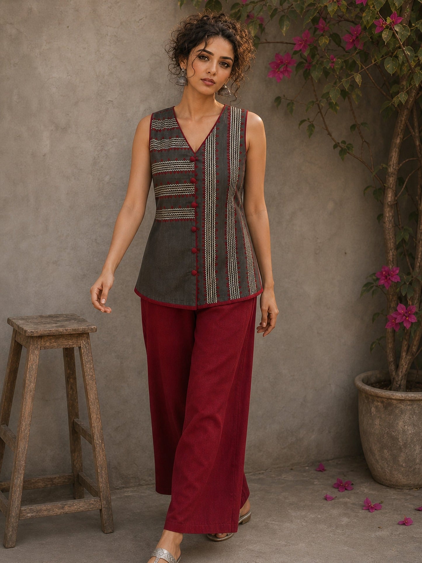 Distinctive Grey and maroon hand block print top featuring bold striped motifs, an asymmetric overlap silhouette, and artisanal detailing, bringing contemporary charm to effortless everyday dressing.