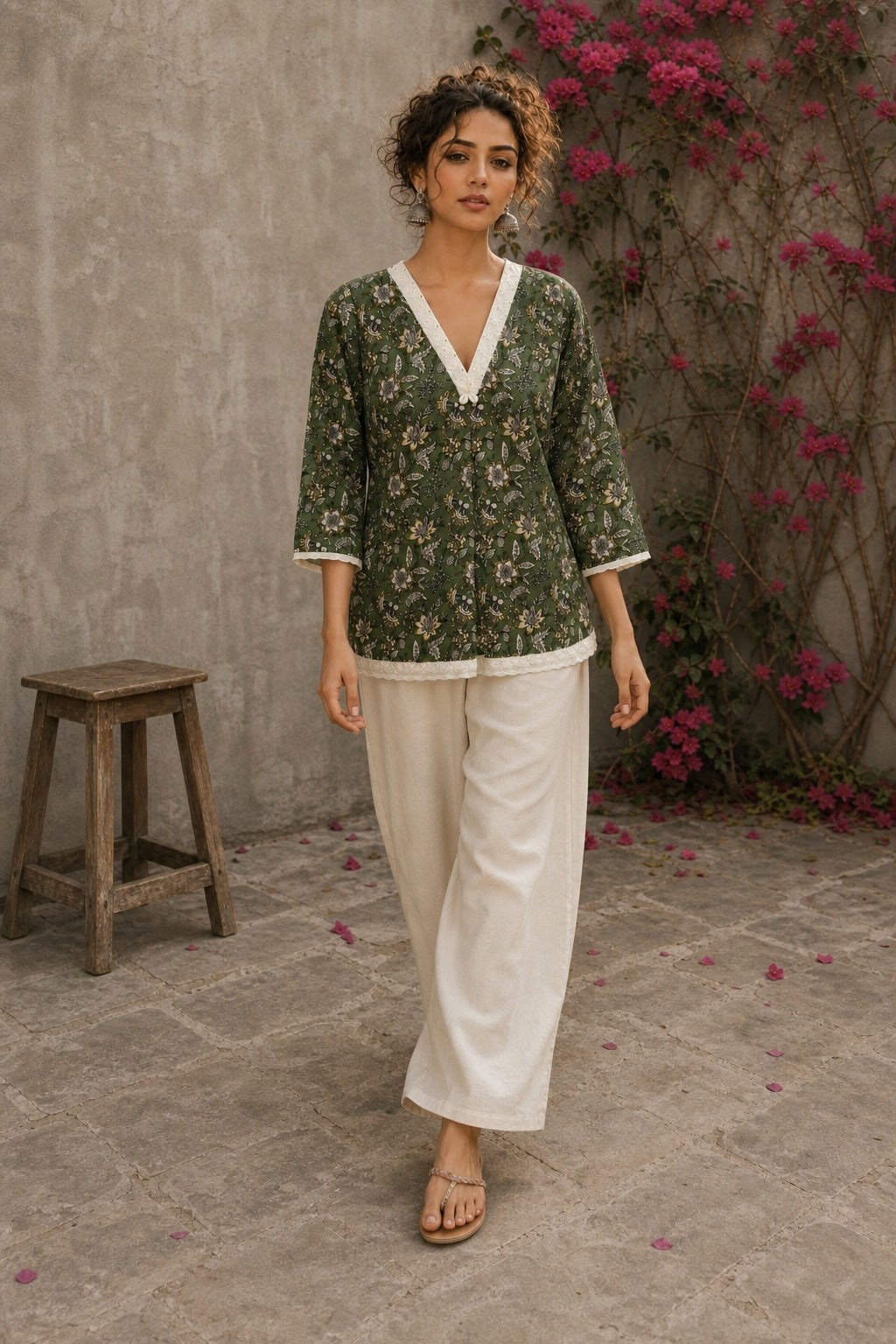 Earthy deep olive Jaipur floral top featuring box-pleated sleeves and delicate Hakoba accents for timeless elegance.