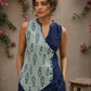 Indigo fish-print crossover sleeveless top featuring a mirror-laced Mandarin collar and beautifully scalloped cut hem.