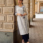 Minimal White Straight Kurta with Monochrome Printed Angrakha Panel & Printed Cuffs