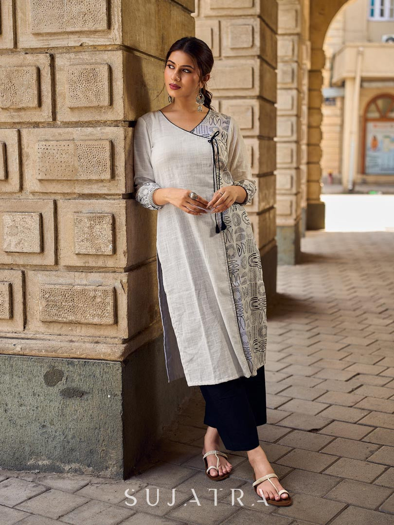 Minimal White Straight Kurta with Monochrome Printed Angrakha Panel & Printed Cuffs