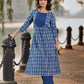 Indigo Printed Kurta with Statement Neck Patch, Flowing Gathers and Pearl Embellished Sleeves