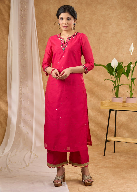 Delicately Hand embroidered pink chanderi kurta pant optional