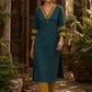 Classic Teal Cotton Kurta with Ajrakh Printed V-Yoke & Double Cuff Band Detail
