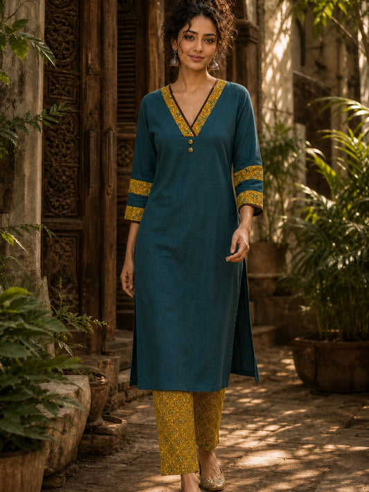 Classic Teal Cotton Kurta with Ajrakh Printed V-Yoke & Double Cuff Band Detail
