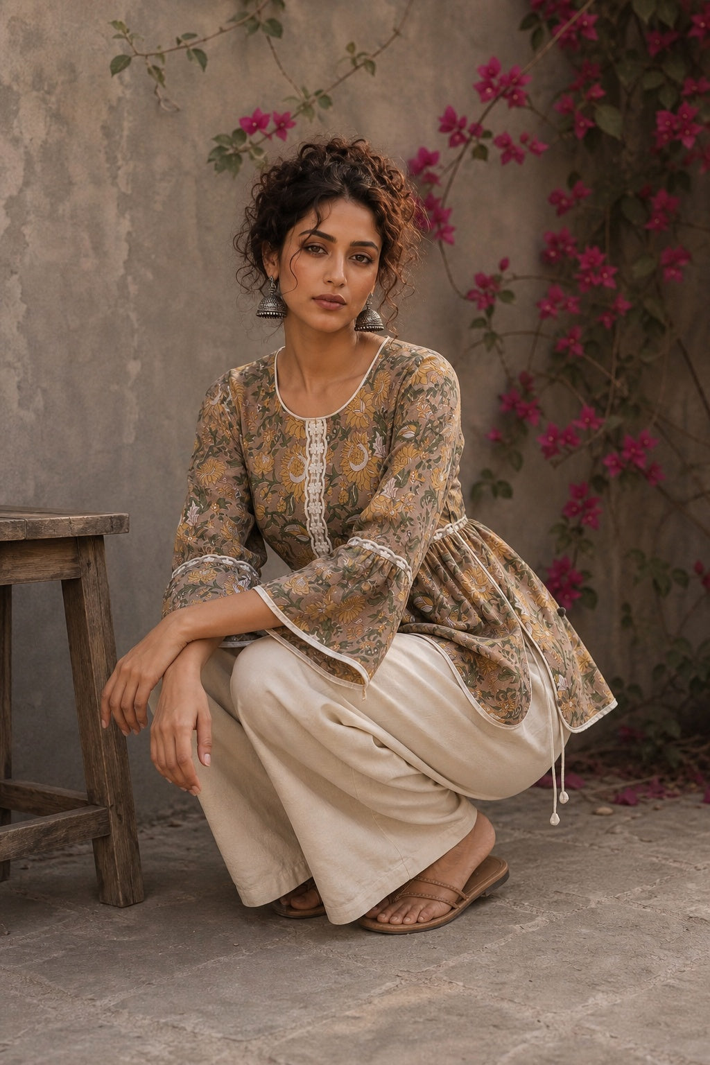 Romantic peach Jaipur floral top adorned with scalloped lace, gathered sleeve hems, and playful tie-knot accents.