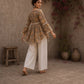 Romantic peach Jaipur floral top adorned with scalloped lace, gathered sleeve hems, and playful tie-knot accents.