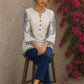 Elegant ivory hand block print top featuring intricate navy blue paisley sleeves, refined contrast detailing, and graceful pintucks, blending artisanal craftsmanship with timeless everyday sophistication.