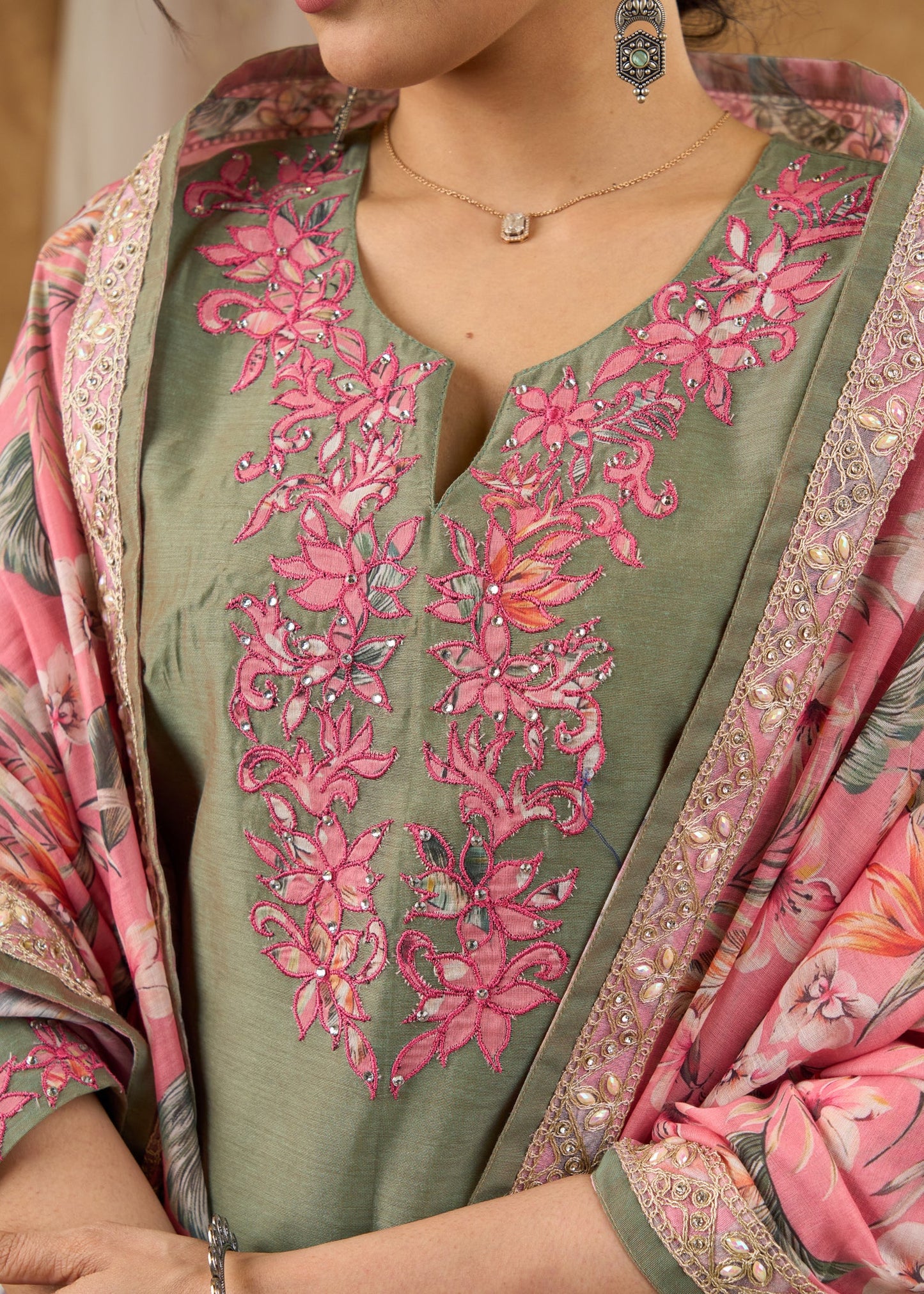 Exclusive chanderi kurta with intricate applique work Pant optional
