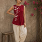 Charming red hand block print top showcasing elegant floral motifs, a contemporary pleated silhouette, and refined detailing, blending artisanal craftsmanship with effortless everyday style.