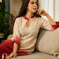 Chic cream-to-maroon ombré Hakoba dress with distinctively folded sleeves and collar.