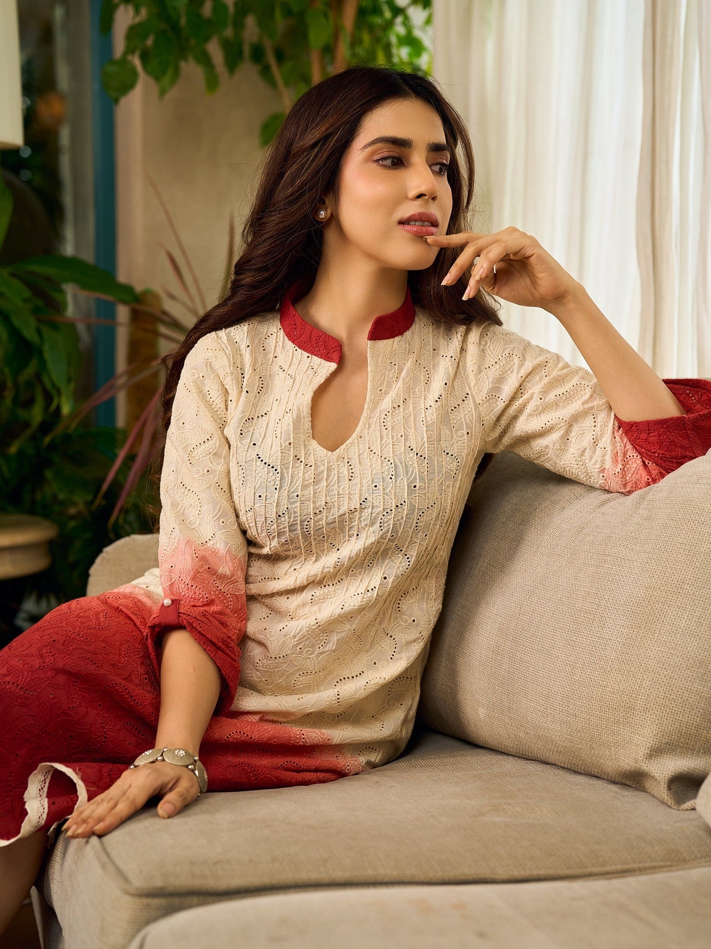 Chic cream-to-maroon ombré Hakoba dress with distinctively folded sleeves and collar.