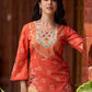 Elegant orange floral printed kurta with hand-embroidered sequin and cut dana detailing on the yoke and rich maroon accents.