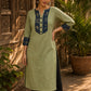 Sage Green Cotton Kurta with Ajrakh Yoke Panel & Matching Cuff Band