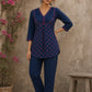 Vibrant navy blue and pink hand block print top features bell sleeves, floral detailing, and rich navy hues for effortless everyday charm.
