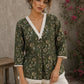 Earthy deep olive Jaipur floral top featuring box-pleated sleeves and delicate Hakoba accents for timeless elegance.