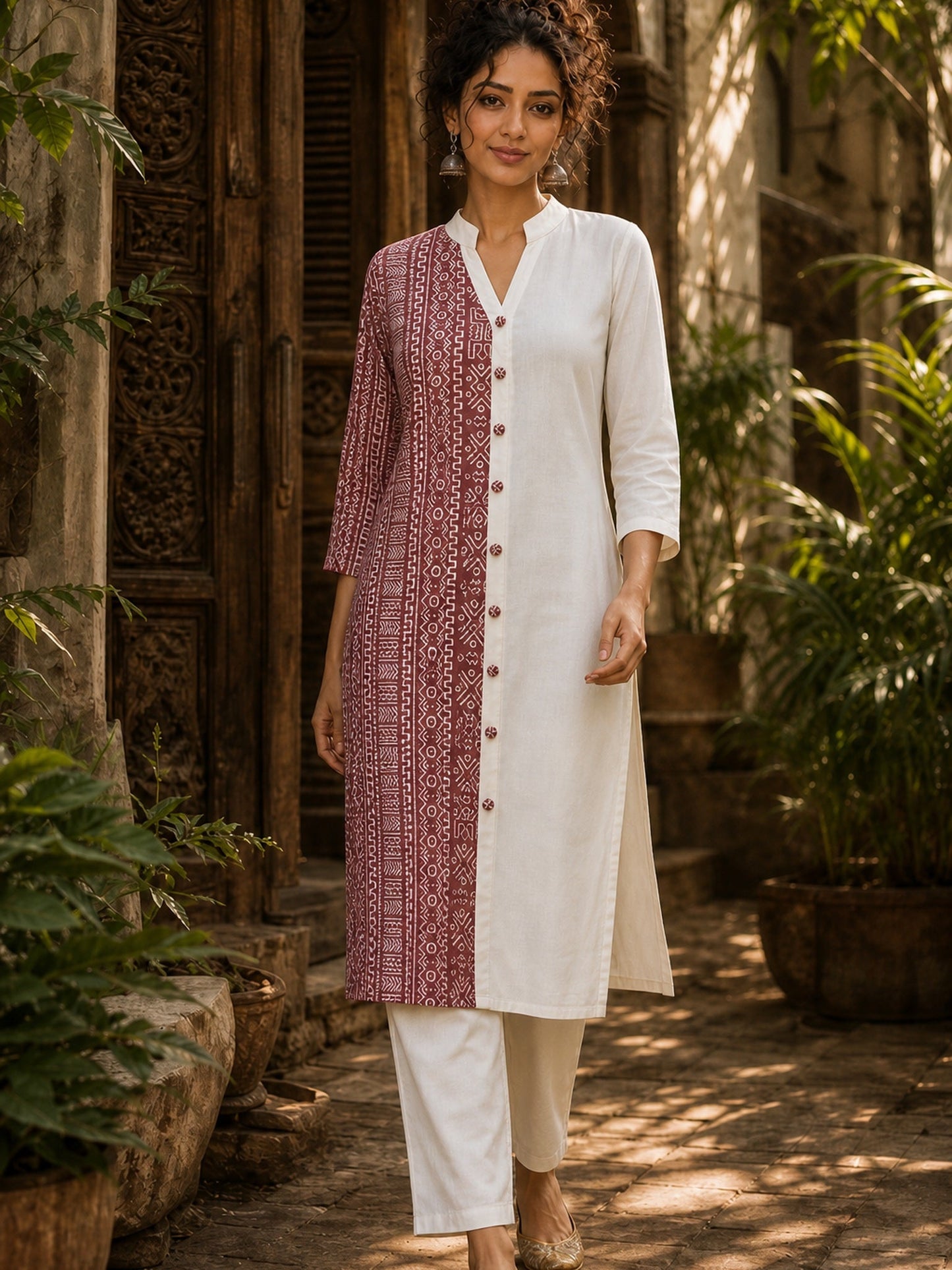 Vivid Dusty Pink & Ivory Half & Half Kurta with Tribal Print Panel & Contrast Button Placket