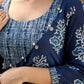 Indigo Bloom Print Kurta with Asymmetric Stripe Panel and Coin Embellishments