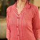 Peach and red block print stripe-floral shirt dress with fusion hand block printed stripes and jaal, a notch collar, and coordinated red accents for a vibrant, contemporary look.