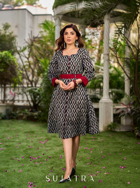 Elegant black grey mercerised Ikat shirt dress featuring a soft square neck, subtle maroon detailing, and a waist belt for a gently flowing silhouette.