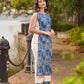 Indigo Abstract Printed Kurta with Side Cut Panels, Hakoba Inserts and Pearl Embellishments