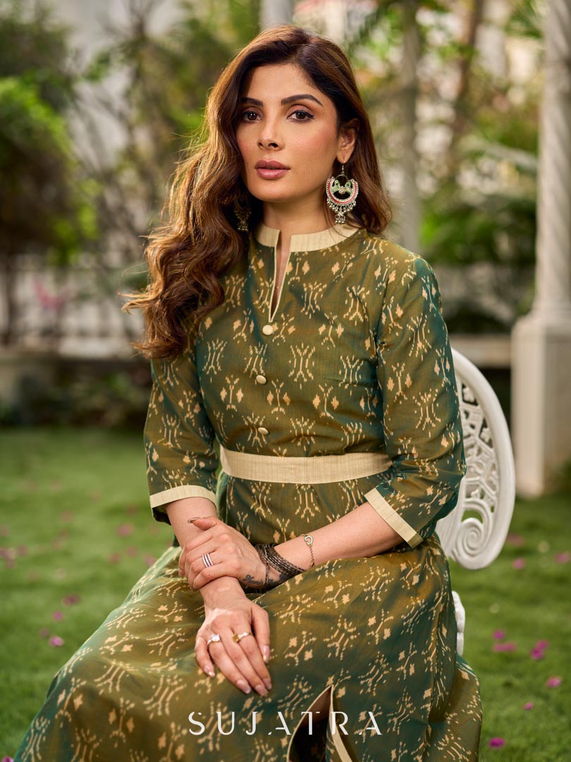 Statement olive green two-tone Ikat dress elevated with cream?gold accents, a structured belt for definition, and a subtle left-front slit.