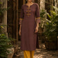 Earthy Brown Cotton Kurta with Statement Kalamkari Block Print Cuffs & Mustard Piping