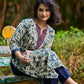 Artisan Indigo Kurta with Animal Motifs, Overlapping Neck and Handcrafted Maroon Mirror Detailing