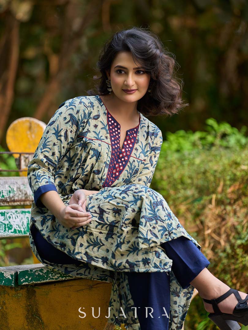 Artisan Indigo Kurta with Animal Motifs, Overlapping Neck and Handcrafted Maroon Mirror Detailing