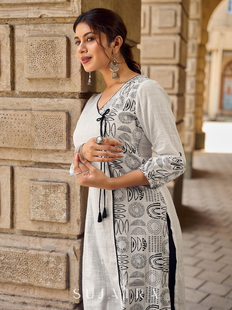 Minimal White Straight Kurta with Monochrome Printed Angrakha Panel & Printed Cuffs