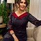 Elegant black Kalamkari-inspired dress with deep maroon accents and graceful floral motifs.