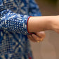 Contemporary Indigo Geometric Side-Cut Kurta with Linear Stripe Detailing and Maroon Triangle Highlights